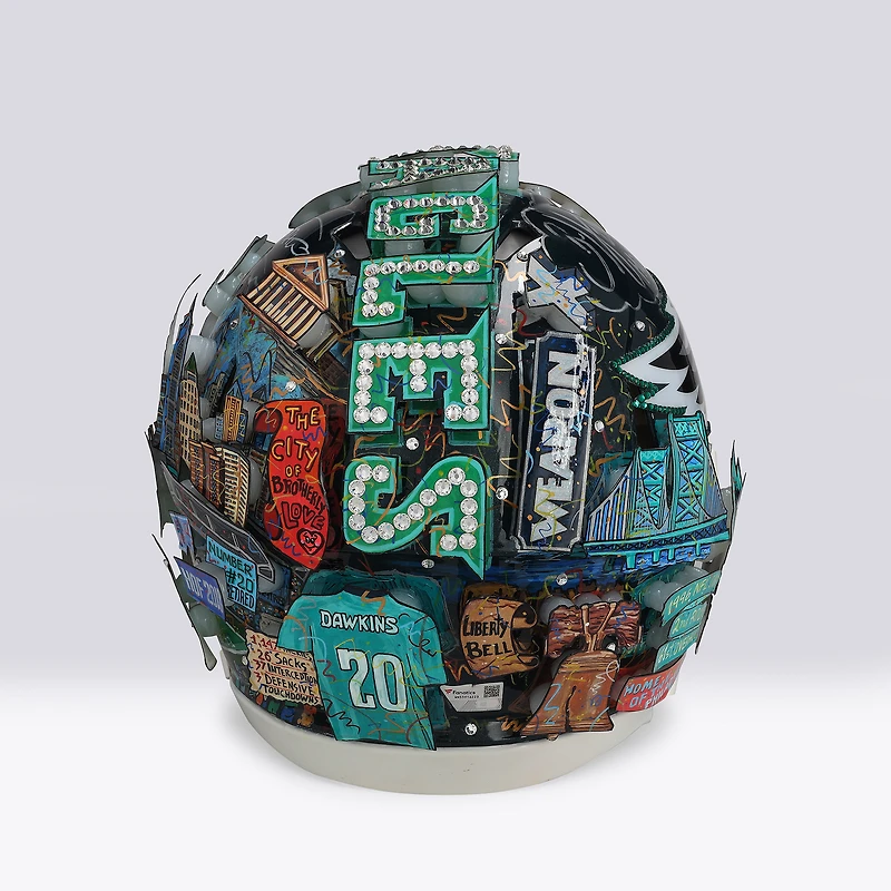 Brian Dawkins Philadelphia Eagles Autographed Riddell Speed Authentic Helmet with "HOF 18" Inscription - Art by Charles Fazzino - WN55916223