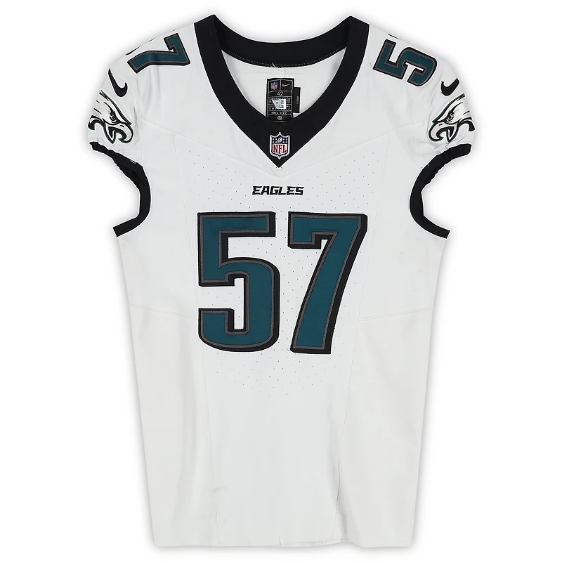 Maillot blanc n° 57 porté par Cal Adomitis des Eagles de Philadelphie contre les Chargers de Los Angeles le 8 décembre 2025