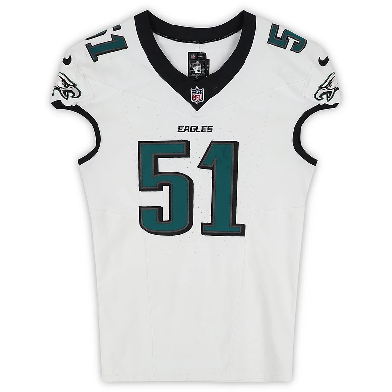 Maillot blanc n° 51 porté par Cam Jurgens lors du match des Eagles de Philadelphie contre les Rams de Los Angeles le 21 septembre 2025