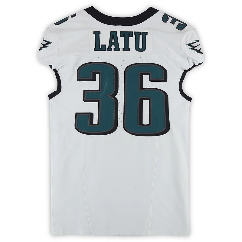 Maillot blanc n° 36 porté par Cameron Latu (Eagles de Philadelphie) lors du match contre les Giants de New York le 9 octobre 2025