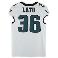 Maillot blanc n° 36 porté par Cameron Latu (Eagles de Philadelphie) lors du match contre les Giants de New York le 9 octobre 2025