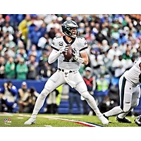Carson Wentz Philadelphia Eagles Unsigned White Jersey Throwing Photograph
