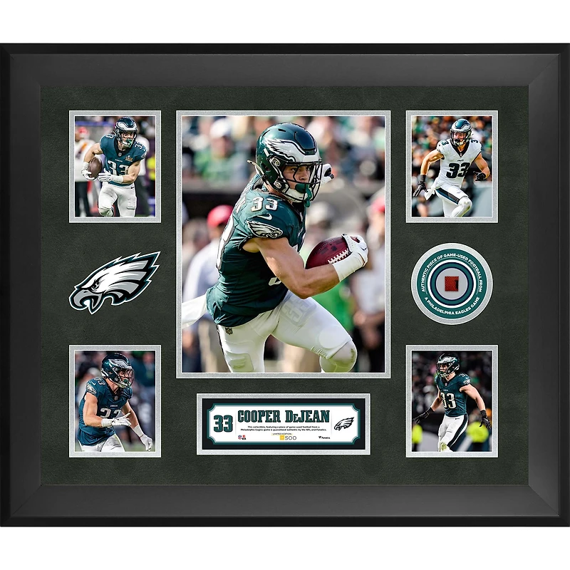 Collage encadré de 5 photos (51 x 61 cm) des Eagles de Philadelphie de Cooper DeJean, avec un morceau de ballon de football utilisé lors d'un match - Édition limitée à 500 exemplaires