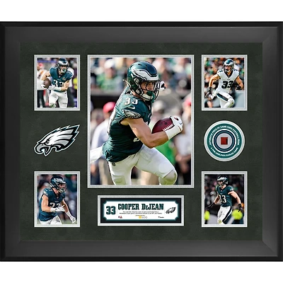 Collage encadré de 5 photos (51 x 61 cm) des Eagles de Philadelphie de Cooper DeJean, avec un morceau de ballon de football utilisé lors d'un match - Édition limitée à 500 exemplaires