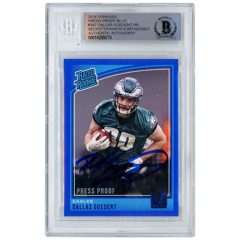 Dallas Goedert Philadelphia Eagles Autographed 2018 Donruss Rated Rookies Press Proof Blue #347 Beckett Fanatics Witnessed Authenticated Rookie Card