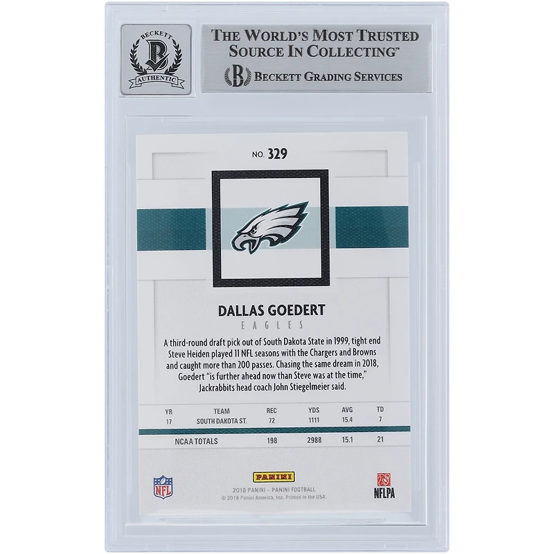 Dallas Goedert Philadelphia Eagles Autographed 2018 Panini Blue Knight #329 Beckett Fanatics Witnessed Authenticated 9/10 Rookie Card