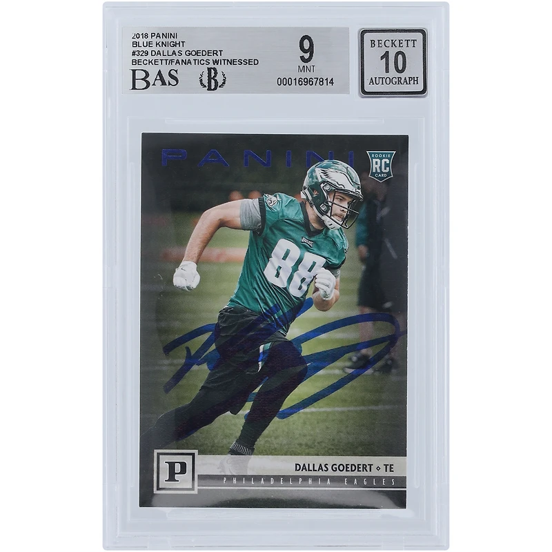 Dallas Goedert Philadelphia Eagles Autographed 2018 Panini Blue Knight #329 Beckett Fanatics Witnessed Authenticated 9/10 Rookie Card