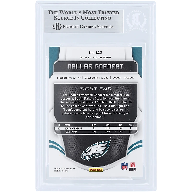 Carte de recrue autographiée de Dallas Goedert (Philadelphia Eagles), Panini Certified Mirror Orange 2018, n° 142/225, authentifiée par Beckett Fanatics Witnessed.