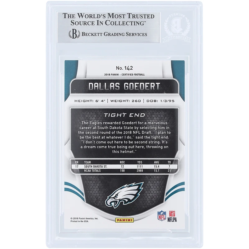 Dallas Goedert Philadelphia Eagles Autographed 2018 Panini Certified Mirror Silver #142 #/499 Beckett Fanatics Witnessed Authenticated Rookie Card