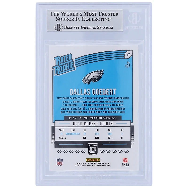 Dallas Goedert Philadelphia Eagles Carte de recrue authentifiée autographiée Panini Donruss Optic 2018 classée Rookie #197 Beckett Fanatics