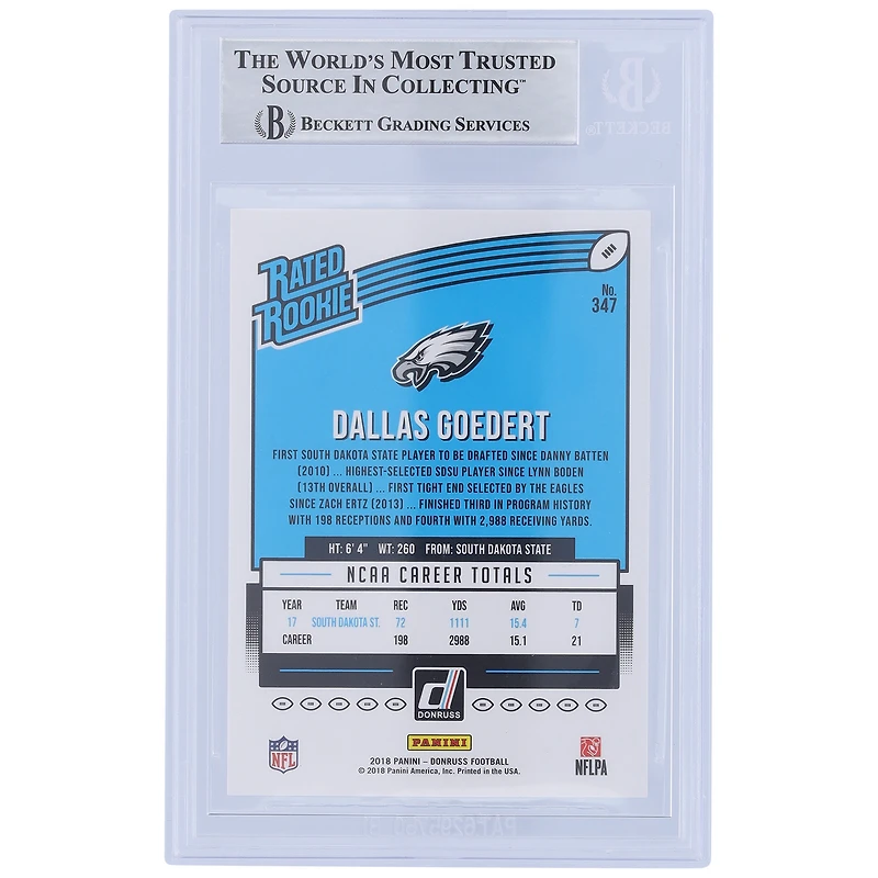 Dallas Goedert Philadelphia Eagles Autographed 2018 Panini Donruss Rated Rookie #347 Beckett Fanatics Witnessed Authenticated Rookie Card