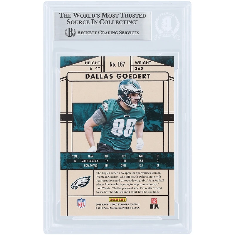 Carte de recrue autographiée de Dallas Goedert (Philadelphia Eagles), Panini Gold Standard Platinum 2018, n° 167, numérotée sur 49 (Beckett Fanatics Witnessed).