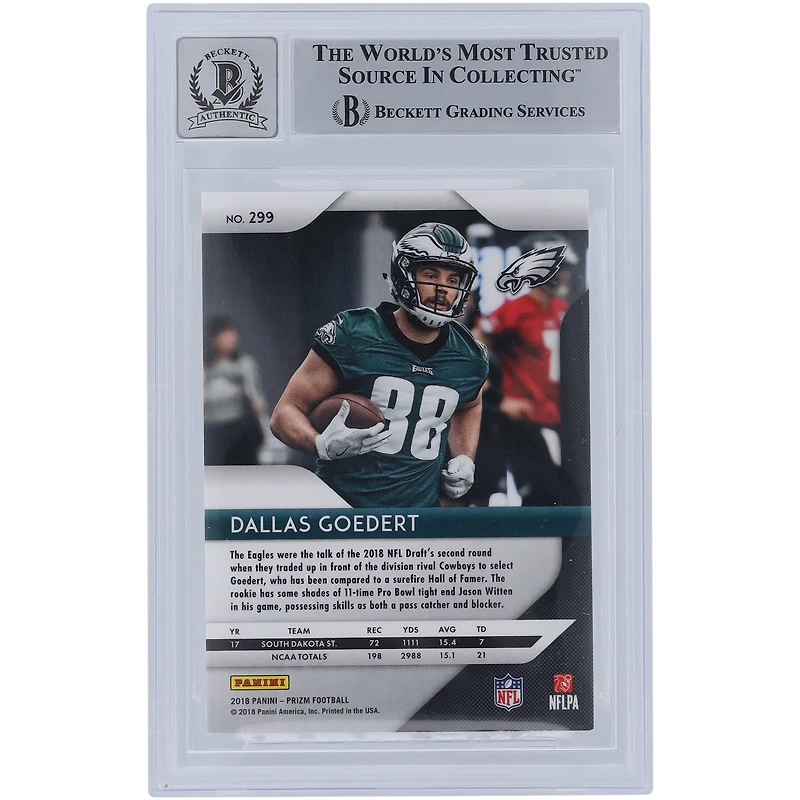 Dallas Goedert Philadelphia Eagles Autographed 2018 Panini Prizm #299 Beckett Fanatics Witnessed Authenticated 10 Rookie Card