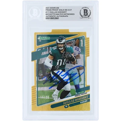Dallas Goedert Philadelphia Eagles Autographed 2021 Panini Donruss Press Proof Gold Die-Cut #111 #/25 Beckett Fanatics Witnessed Authenticated Card