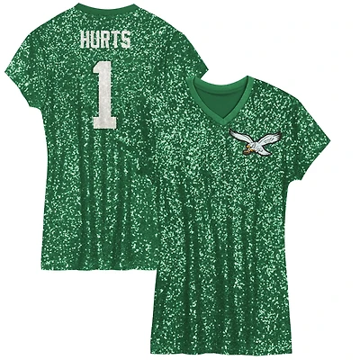 Robe à col en V sequins avec nom et numéro de joueur des Philadelphia Eagles Jalen Hurts Kelly Green pour filles