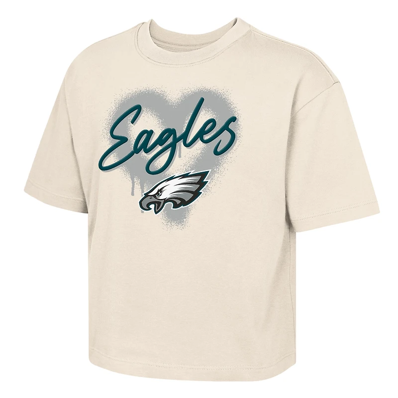 Girls Youth Outerstuff Cream Philadelphia Eagles Boxy Spray Heart Puff Print T-Shirt