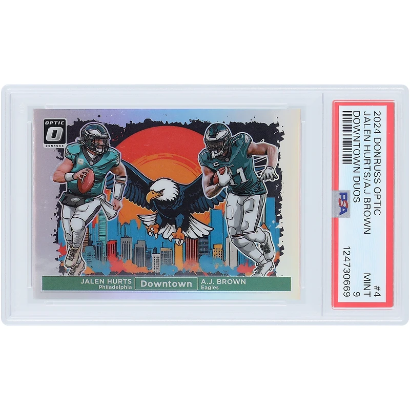 Jalen Hurts et A.J. Brown, Philadelphia Eagles, carte Panini Donruss Optic Dual Downtown Case 2024, numéro 4, authentifiée PSA 9.