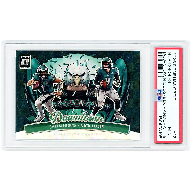 Jalen Hurts & Nick Foles Philadelphia Eagles 2025 Panini Donruss Optic Dual Downtown Black Pandora Prizm #12 #3/25 PSA Authenticated 9 Card