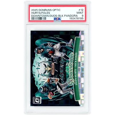 Jalen Hurts et Nick Foles, Philadelphia Eagles, 2025 Panini Donruss Optic Dual Downtown Black Pandora Prizm #12 #3/25, authentifiée PSA 9