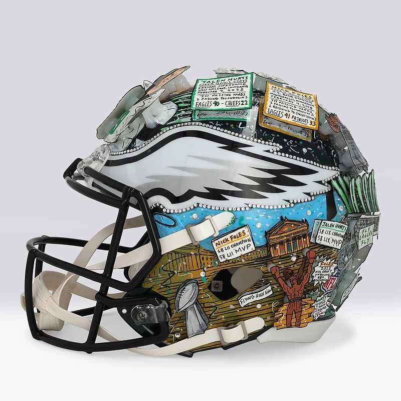 Jalen Hurts & Nick Foles Philadelphia Eagles Autographed Riddell Speed Authentic Helmet with Multiple Inscriptions - Art by Charles Fazzino - NF70445098