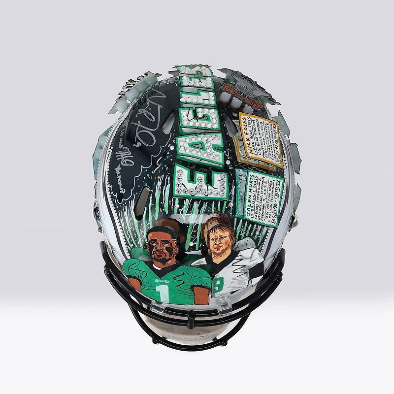 Jalen Hurts & Nick Foles Philadelphia Eagles Autographed Riddell Speed Authentic Helmet with Multiple Inscriptions - Art by Charles Fazzino - NF70445098