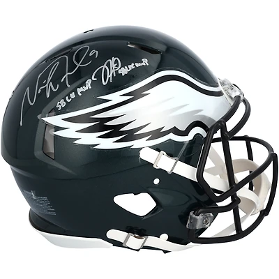 Casque Riddell Speed authentique autographié par Jalen Hurts et Nick Foles des Philadelphia Eagles avec inscriptions « SB LIX MVP » et « SB LII MVP »