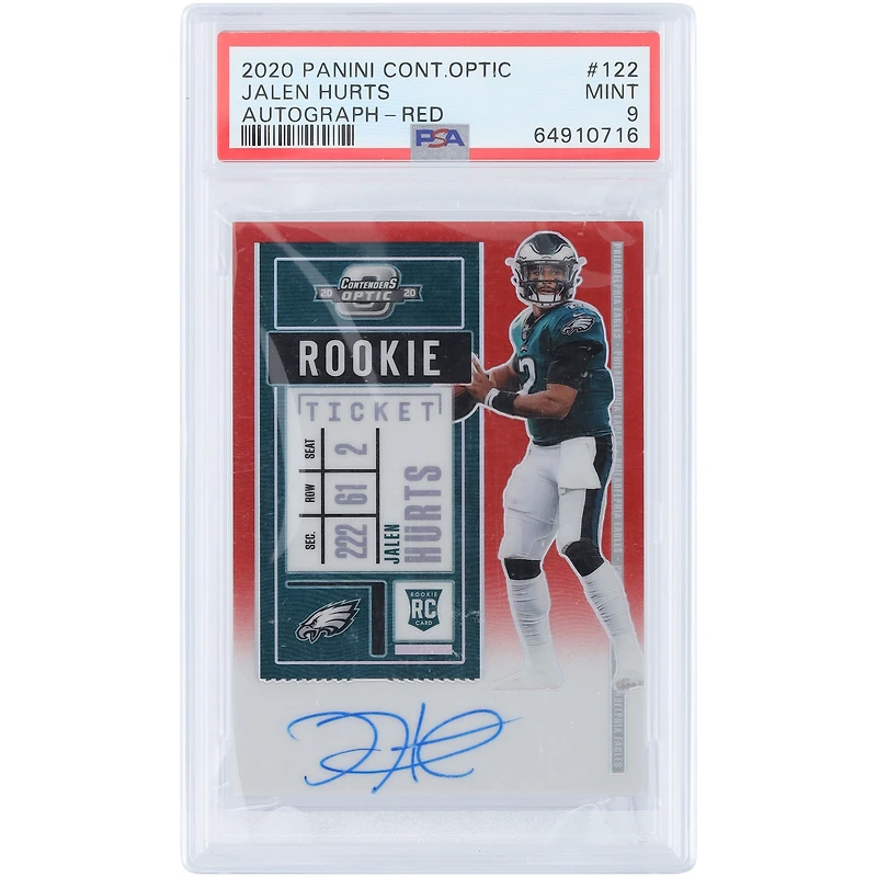 Carte de recrue autographiée de Jalen Hurts (Philadelphia Eagles) 2020 Panini Contenders Optic Ticket Rouge n° 122, n° 51/199, authentifiée PSA 9