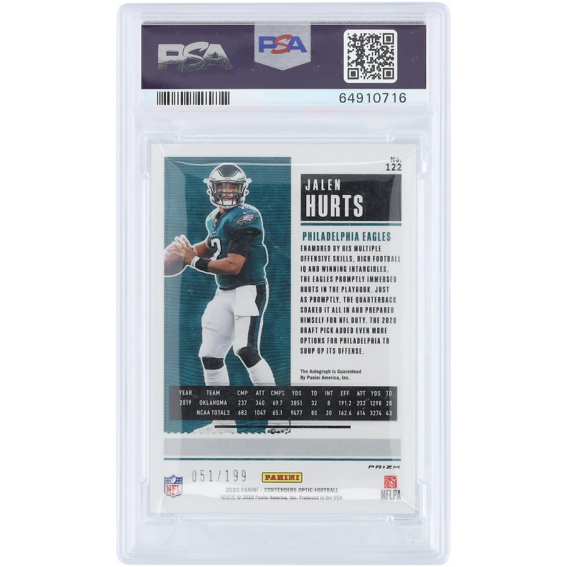 Jalen Hurts Philadelphia Eagles Autographed 2020 Panini Contenders Optic Rookie Ticket Red #122 #51/199 PSA Authenticated 9 Rookie Card