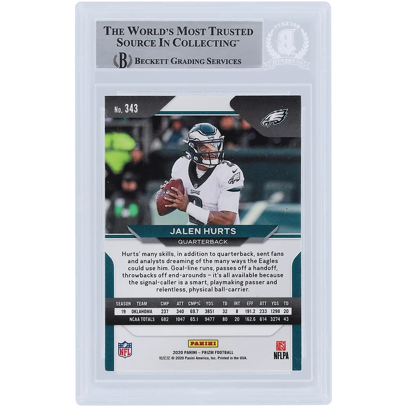 Jalen Hurts Philadelphia Eagles Autographed 2020 Panini Prizm #343 Beckett Fanatics Witnessed Authenticated Rookie Card