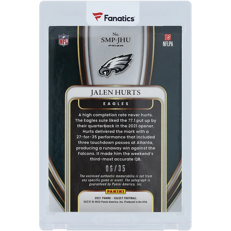 Jalen Hurts Philadelphia Eagles Autographed 2021 Panini Select Signature Memorabilia Purple Prizm Relic #SMP-JHU #6/35 Card