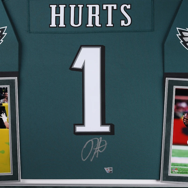 Maillot Nike de luxe encadré et dédicacé par Jalen Hurts des Philadelphia Eagles, vert nuit, Super Bowl LIX