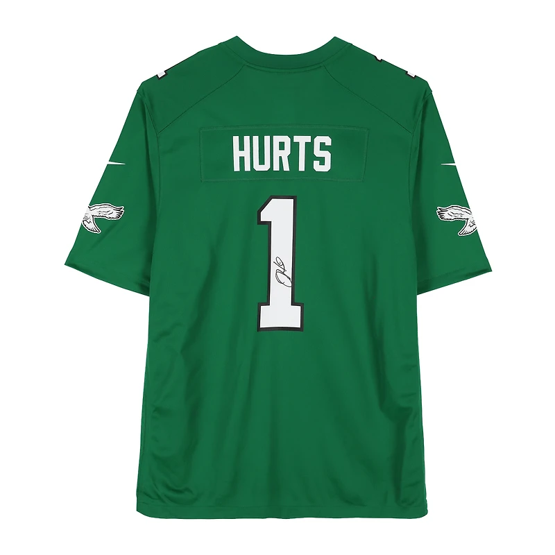 Maillot de match Nike Super Bowl LIX vert Kelly, autographié par Jalen Hurts des Eagles de Philadelphie