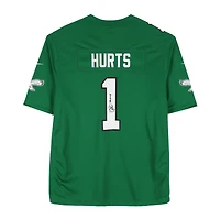 Jalen Hurts porte un maillot de match Nike vert Kelly des Eagles de Philadelphie, autographié par Nike, avec l'inscription « MVP du Super Bowl LIX ».