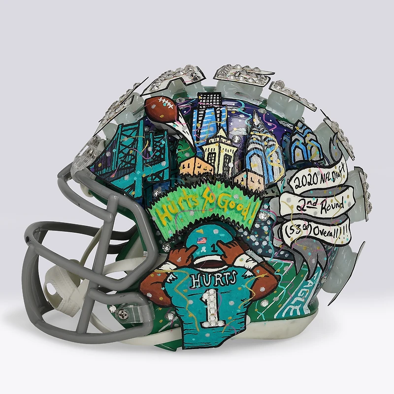 Casque miniature Riddell Speed ​​vert Kelly autographié par Jalen Hurts (Philadelphia Eagles) - Illustration de Charles Fazzino - NF70444383