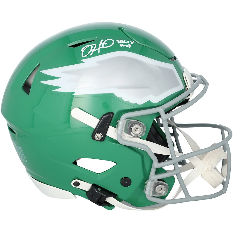 Jalen Hurts, des Eagles de Philadelphie, reçoit un casque Riddell Speed Flex Authentic vert Kelly autographié avec l'inscription « SB LIX MVP ».