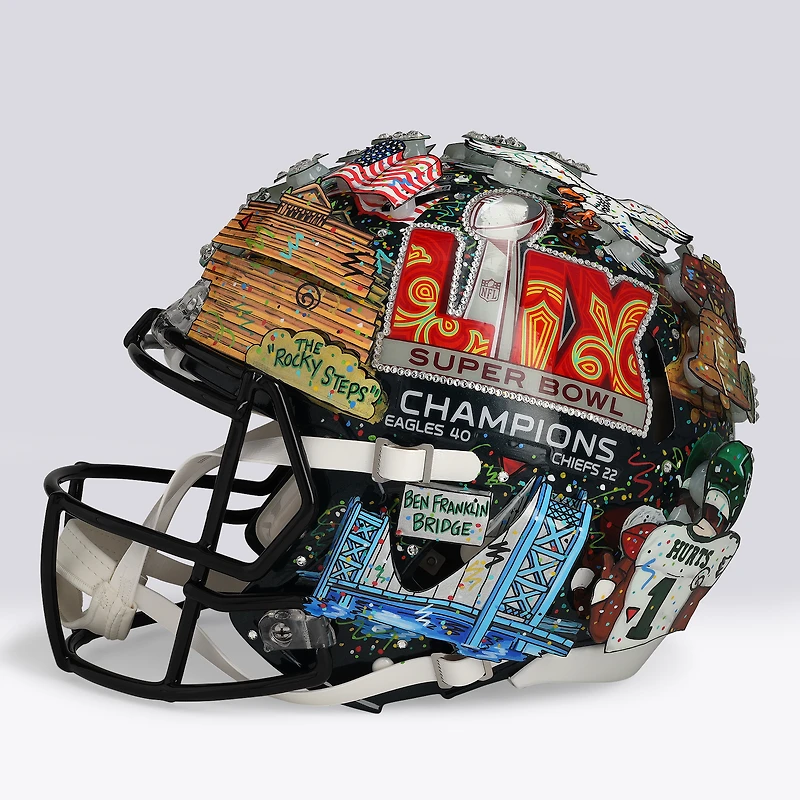 Jalen Hurts Philadelphia Eagles Autographed Riddell Super Bowl LIX Champions Logo Speed Authentic Helmet with "SB LIX MVP" Inscription - Art by Charles Fazzino - NF70444399