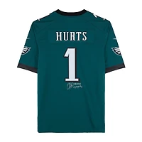 Maillot de match Nike vert nuit des Eagles de Philadelphie, autographié par Jalen Hurts et portant l'écusson SB LIX, avec plusieurs inscriptions.