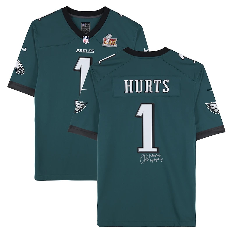 Jalen Hurts Philadelphia Eagles Autographed SB LIX Patch Nike Midnight Green Game Jersey with Multiple Inscriptions