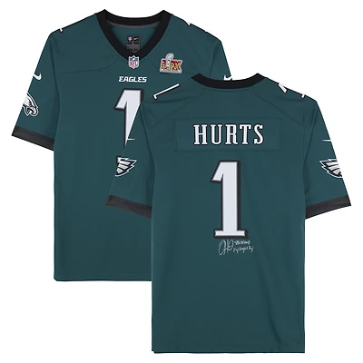 Jalen Hurts Philadelphia Eagles Autographed SB LIX Patch Nike Midnight Green Game Jersey with Multiple Inscriptions