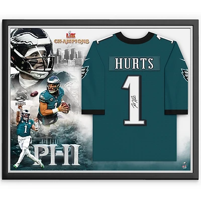 Jalen Hurts Philadelphia Eagles Autographed Super Bowl LIX Champions Framed Nike Midnight Green Game Jersey Collage 