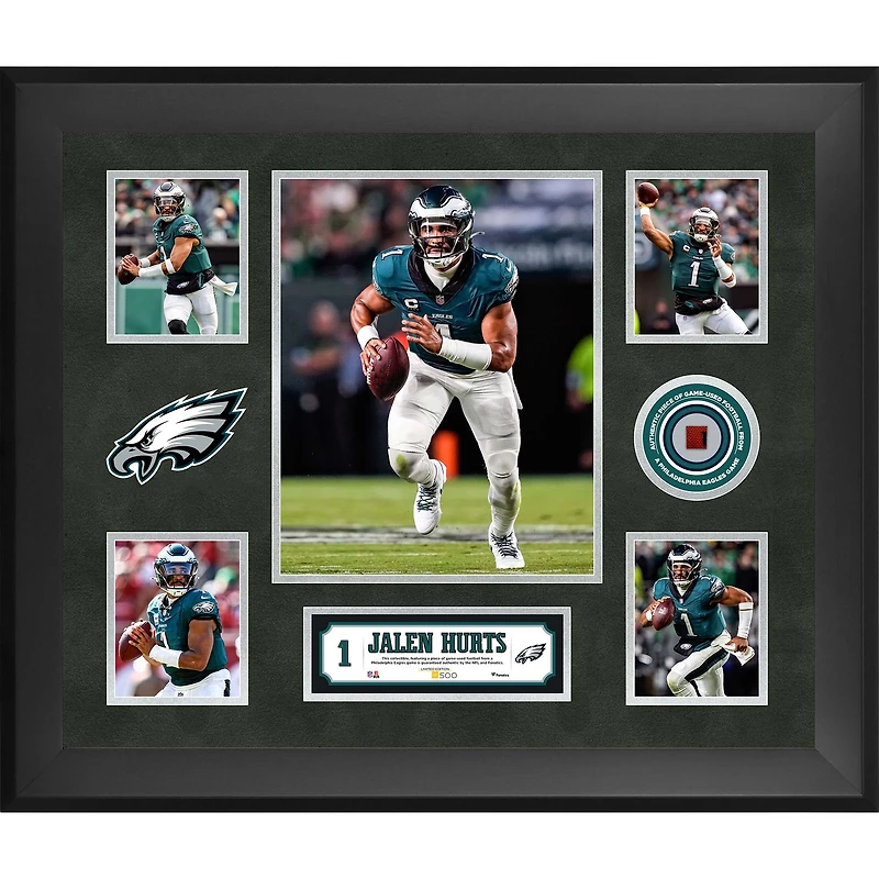 Collage encadré de 5 photos (51 x 61 cm) de Jalen Hurts (Eagles de Philadelphie) avec un morceau de ballon de football utilisé lors d'un match - Édition limitée à 500 exemplaires