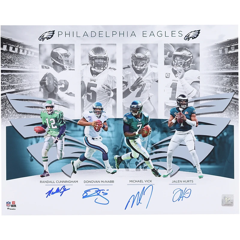Jalen Hurts, Randall Cunningham, Michael Vick & Donovan McNabb Philadelphia Eagles Autographed 16" x 20" Eagles Quarterbacks Photograph