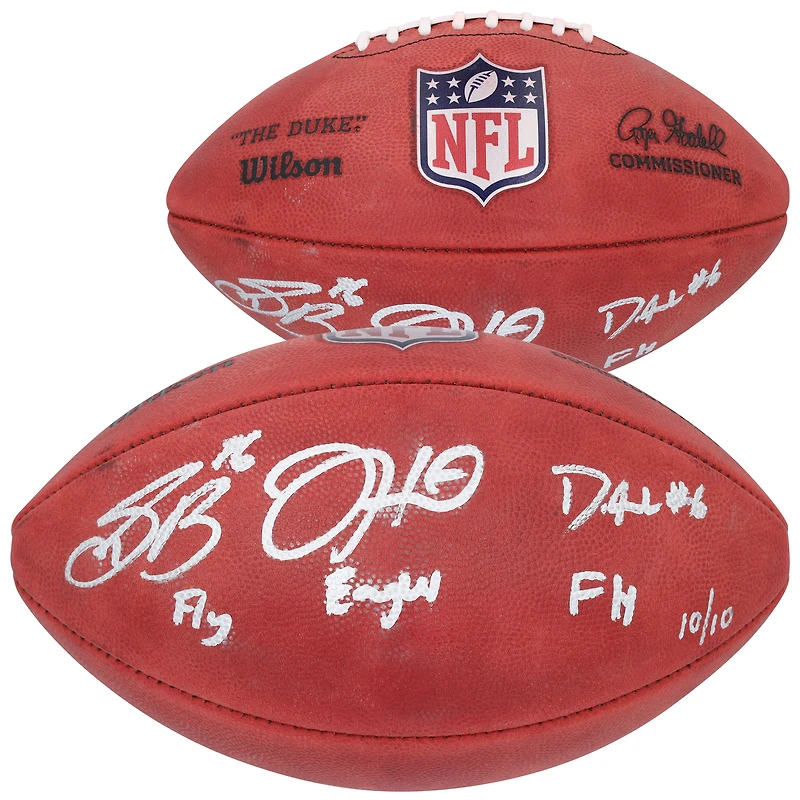 Ballon de football Duke en couleur autographié par Jalen Hurts, Saquon Barkley et Devonta Smith des Philadelphia Eagles avec inscription « Fly Eagles Fly