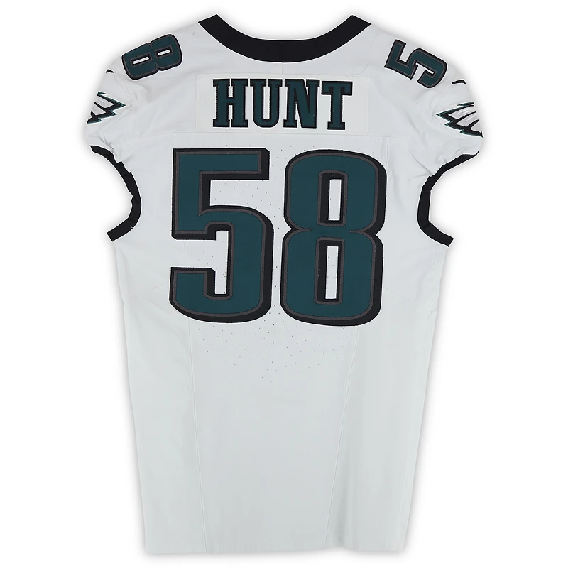 Maillot blanc Nike n° 58 porté par Jalyx Hunt avec les Eagles de Philadelphie lors de plusieurs matchs de la pré-saison NFL 2024.