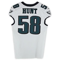 Maillot blanc Nike n° 58 porté par Jalyx Hunt avec les Eagles de Philadelphie lors de plusieurs matchs de la pré-saison NFL 2024.