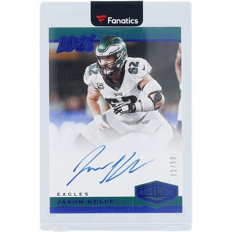 Jason Kelce Philadelphia Eagles Plaques et patchs Panini autographiés 2019 Bleu 100 ans Signatures #YS-JKE # 11/50 Carte