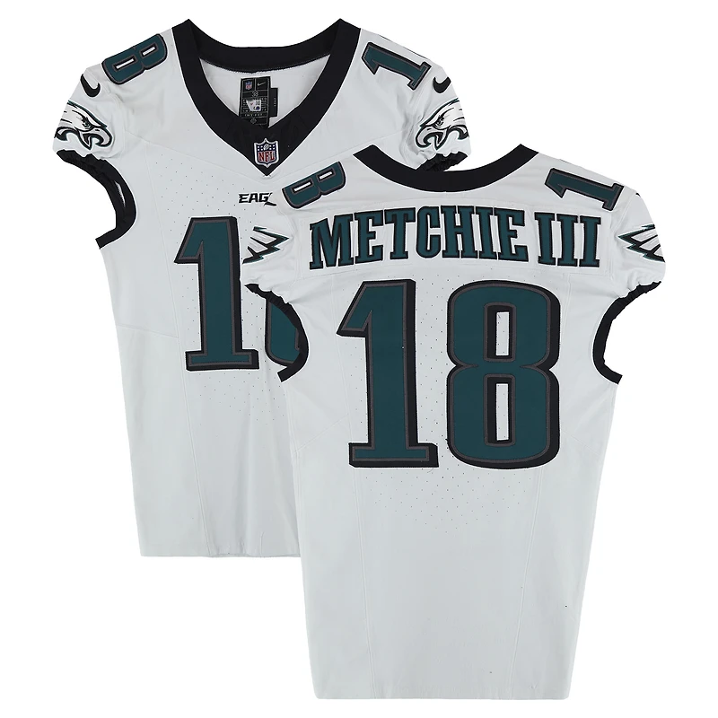 John Metchie III Philadelphia Eagles Game-Used #18 White Jersey vs. New York Giants on October 9, 2025
