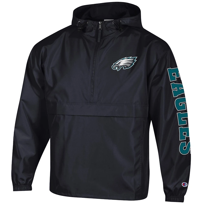 Men's Champion Black Philadelphia Eagles Packable Hooded Windbreaker Half-Zip Jacket