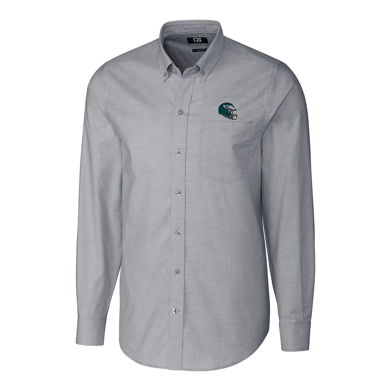 Chemise boutonnée à manches longues et col montant pour homme, couleur anthracite, motif casque des Philadelphia Eagles, en tissu Oxford extensible.