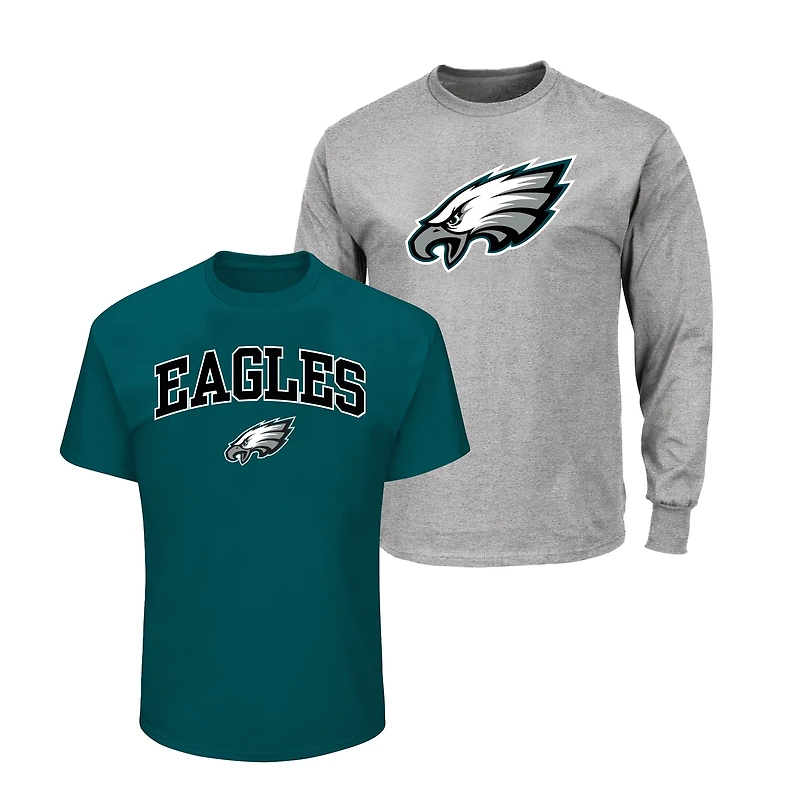 Lot de 2 t-shirts Fanatics pour hommes, vert Kelly/gris chiné, grands et grands, Philadelphia Eagles